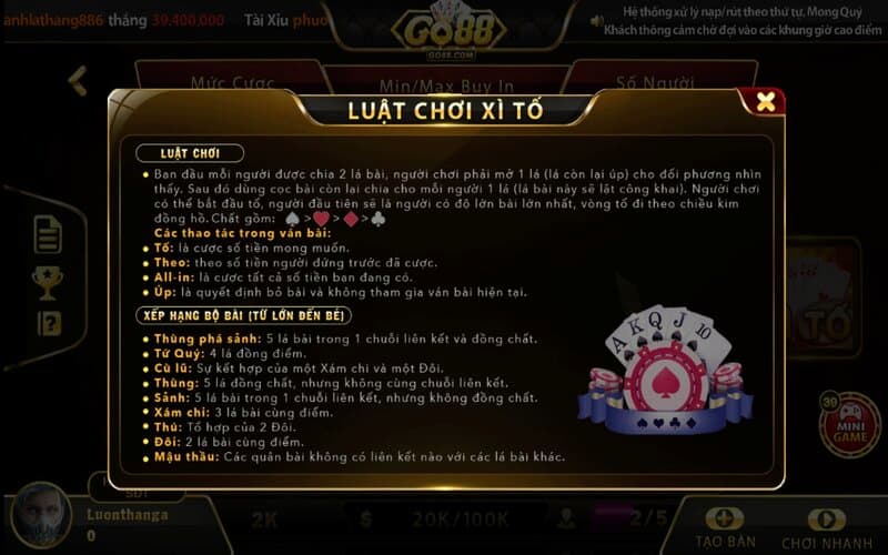 Luật chơi xì tố Go88